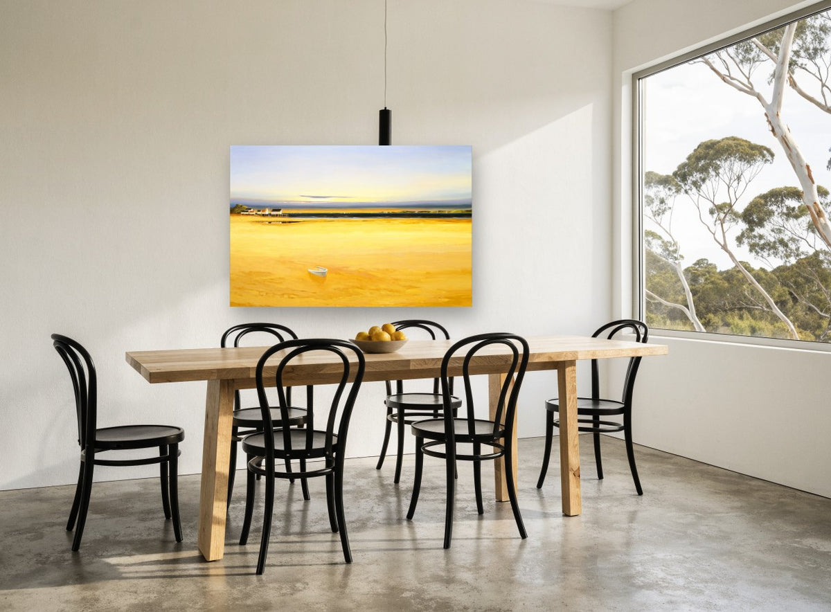 Golden Tide Flat landscape canvas print on the wall of a dining room