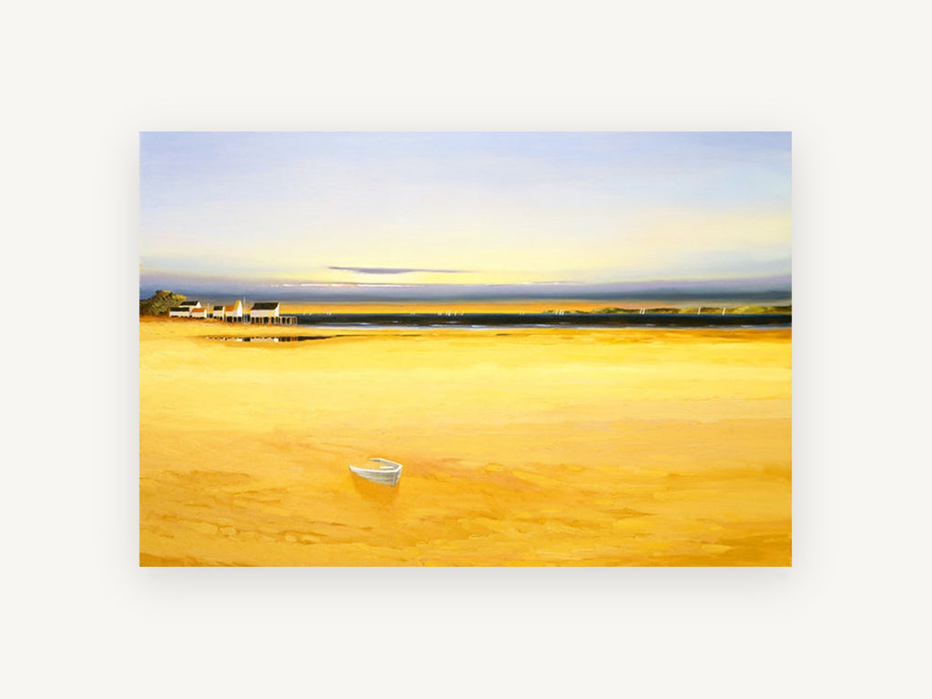 Golden Tide Flat, golden beach low tide seascape, landscape canvas wall art print, front view