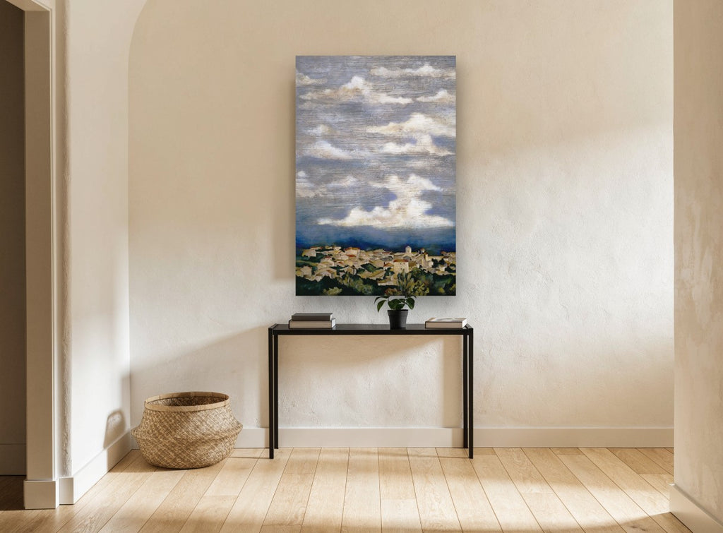 Clouds Over the Hill Town landscape canvas print on the wall of a hallway