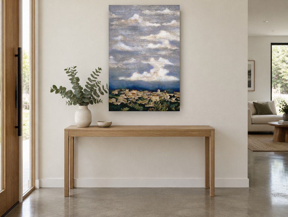 Clouds Over the Hill Town landscape canvas print on the wall of a entry hall