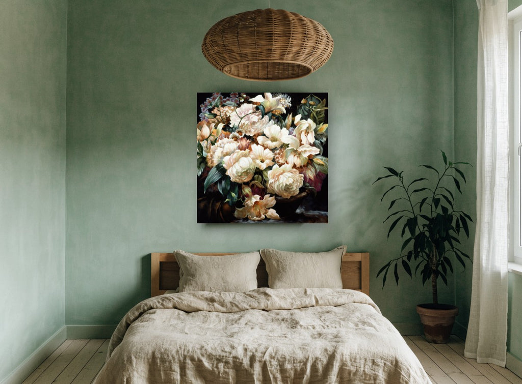Cream Bouquet at Dusk floral canvas print on the wall of a bedroom