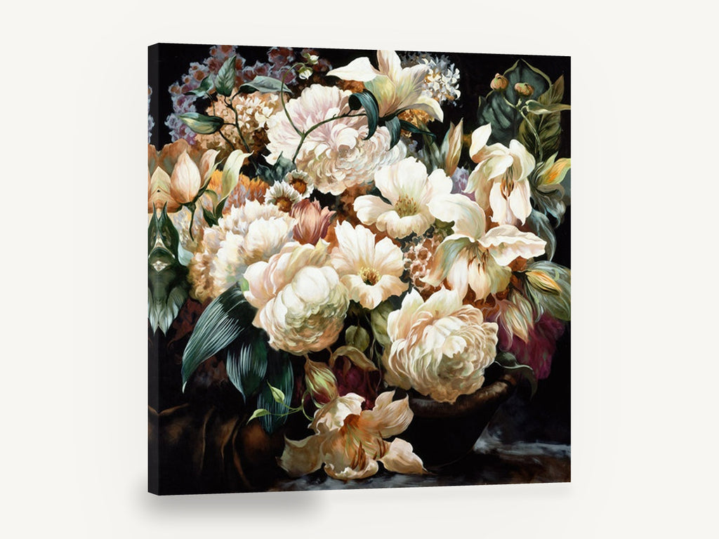 Cream Bouquet at Dusk, cream peony and lily bouquet painting, floral canvas wall art print ready to hang