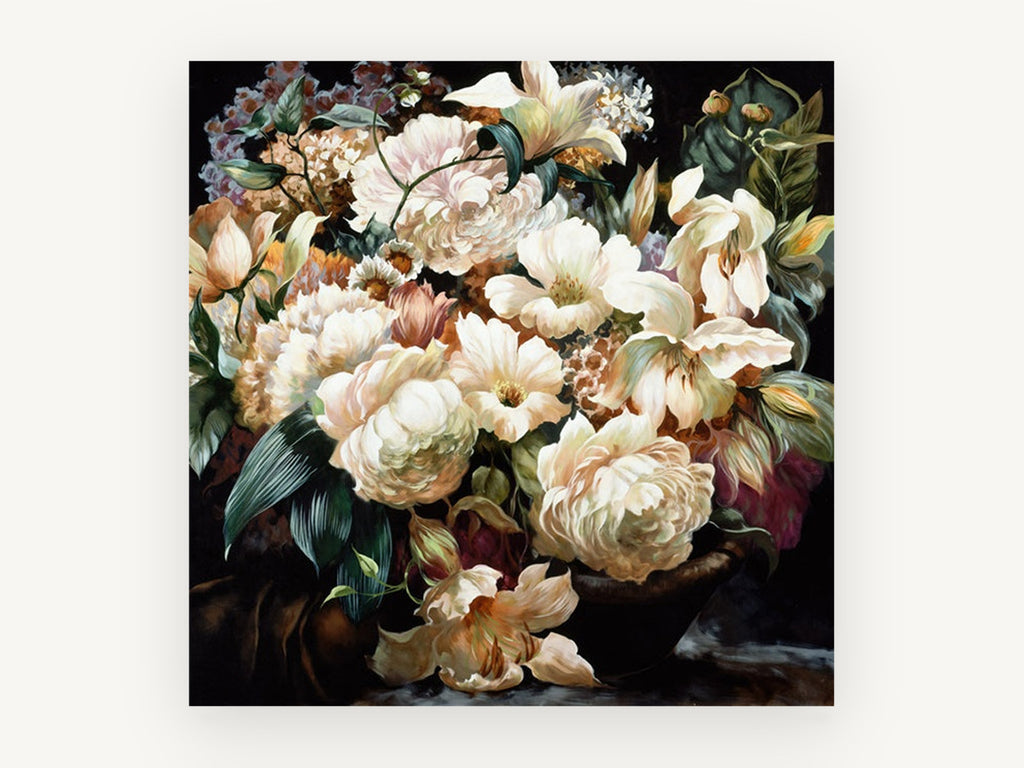 Cream Bouquet at Dusk, floral canvas wall art print, front view