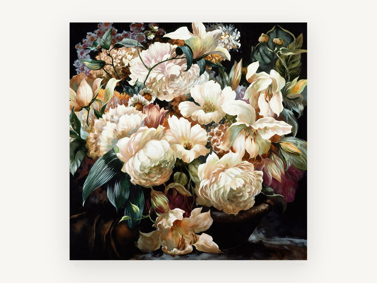 Cream Bouquet at Dusk, floral canvas wall art print, front view