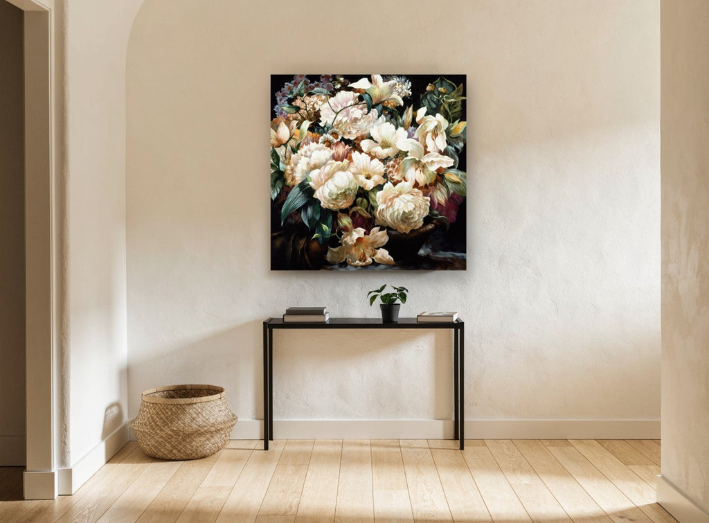 Cream Bouquet at Dusk floral canvas print on the wall of a hallway