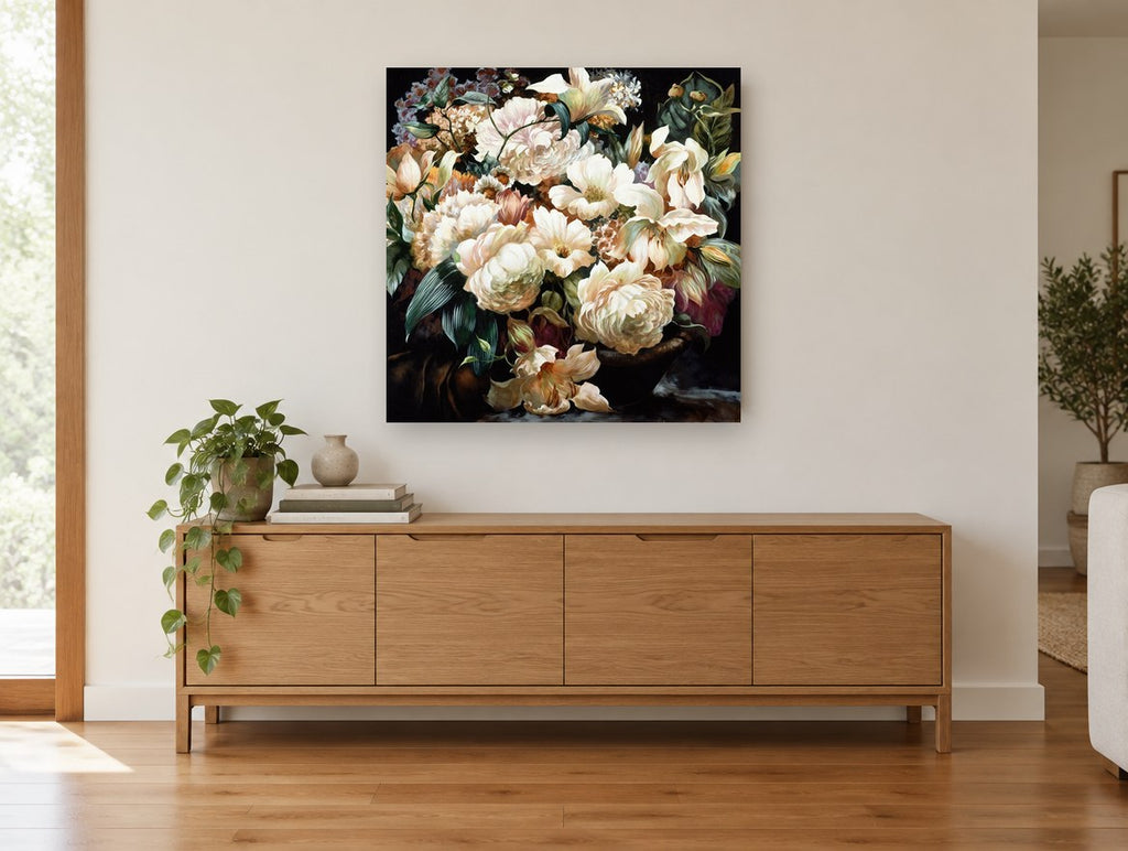 Cream Bouquet at Dusk floral canvas print on the wall of a living room above a sideboard