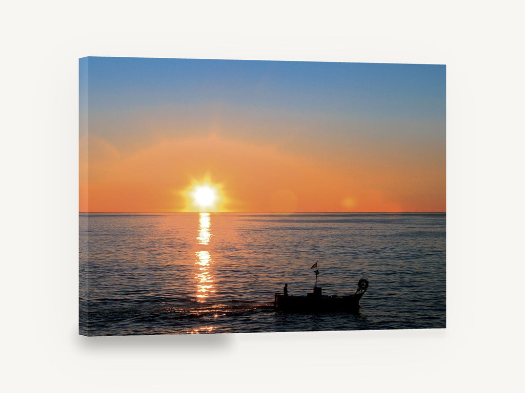 Fishing Boat at Dusk, sunset fishing boat ocean photograph, coastal canvas wall art print ready to hang