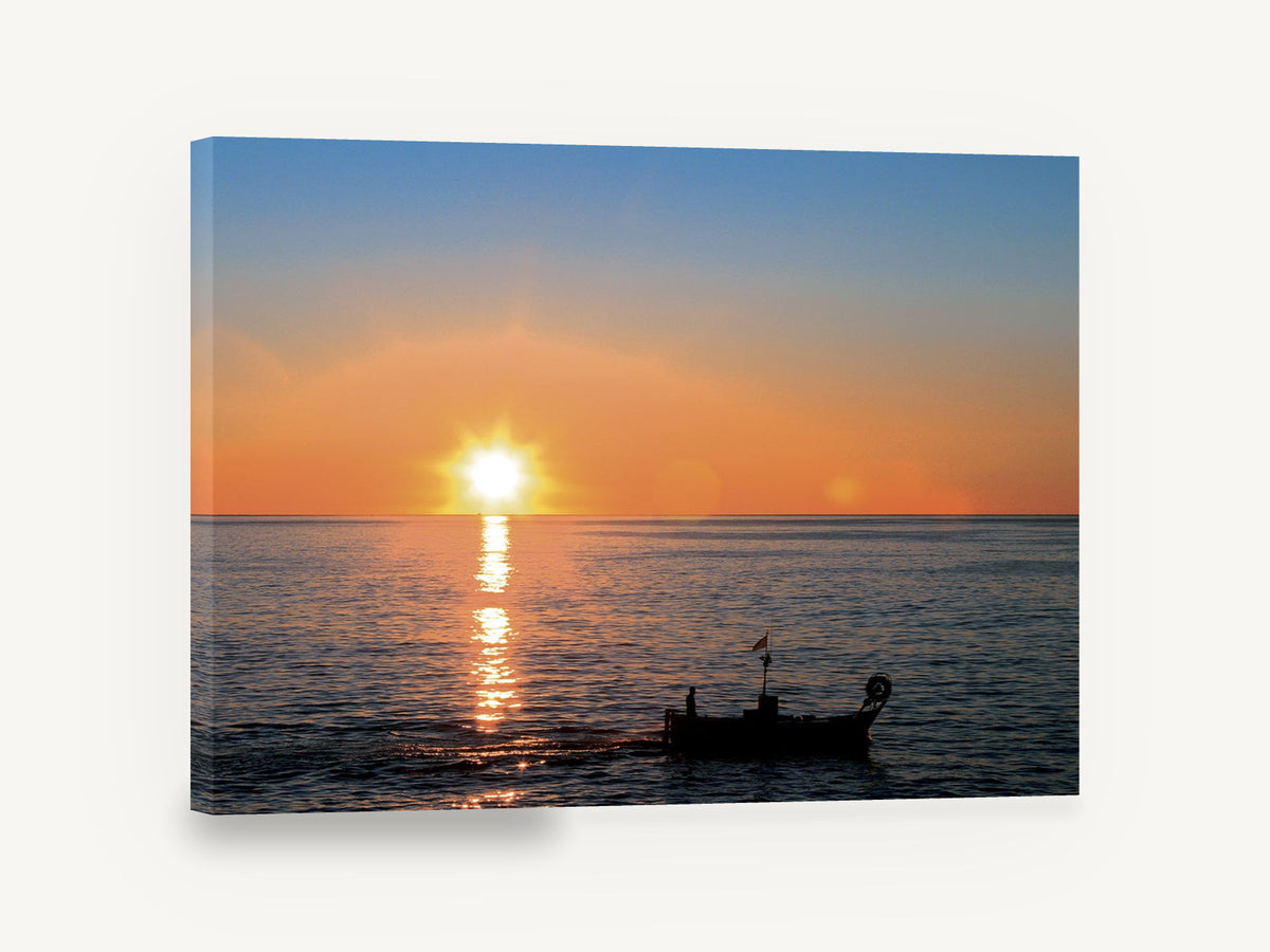 Fishing Boat at Dusk, sunset fishing boat ocean photograph, coastal canvas wall art print ready to hang