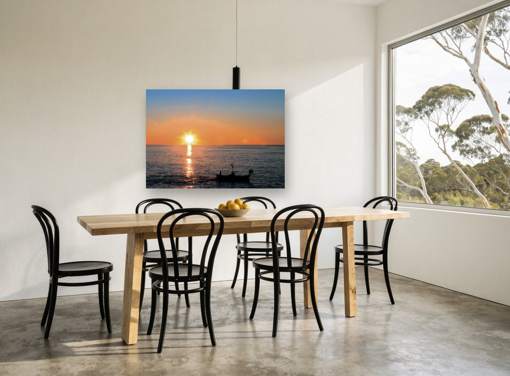 Fishing Boat at Dusk coastal canvas print on the wall of a dining room