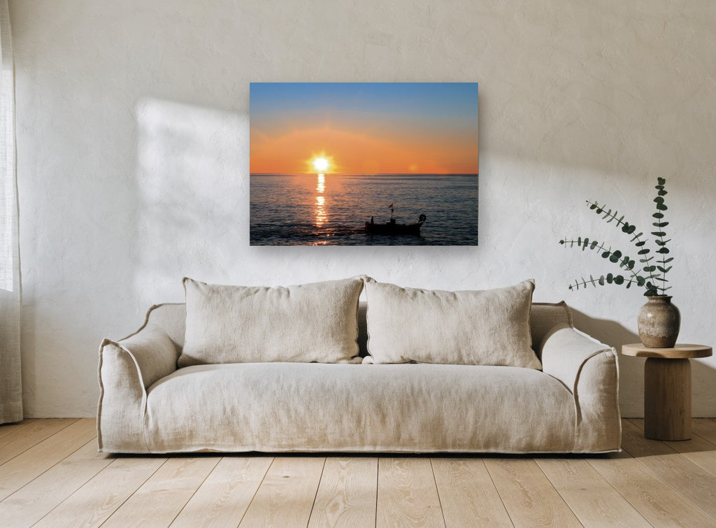 Fishing Boat at Dusk coastal canvas print on the wall of a living room