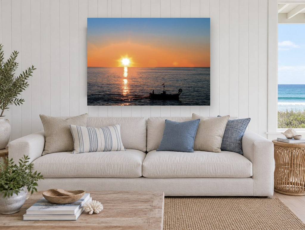 Fishing Boat at Dusk coastal canvas print on the wall of a beach house living room