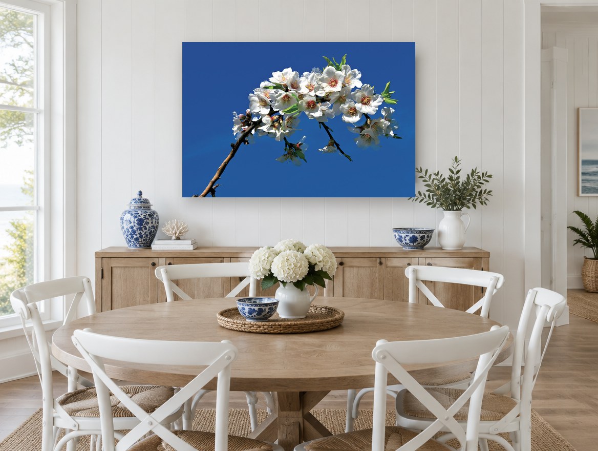Blossom Against Blue floral canvas print on the wall of a Hamptons dining room