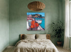 Red Vespa Harbour coastal canvas print on the wall of a bedroom
