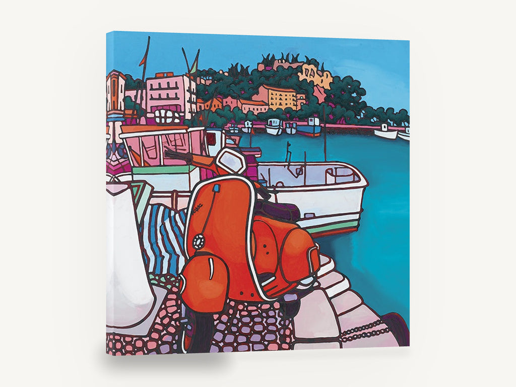 Red Vespa Harbour, red vespa harbour boats illustration, coastal canvas wall art print ready to hang