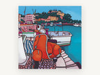 Red Vespa Harbour, coastal canvas wall art print, front view