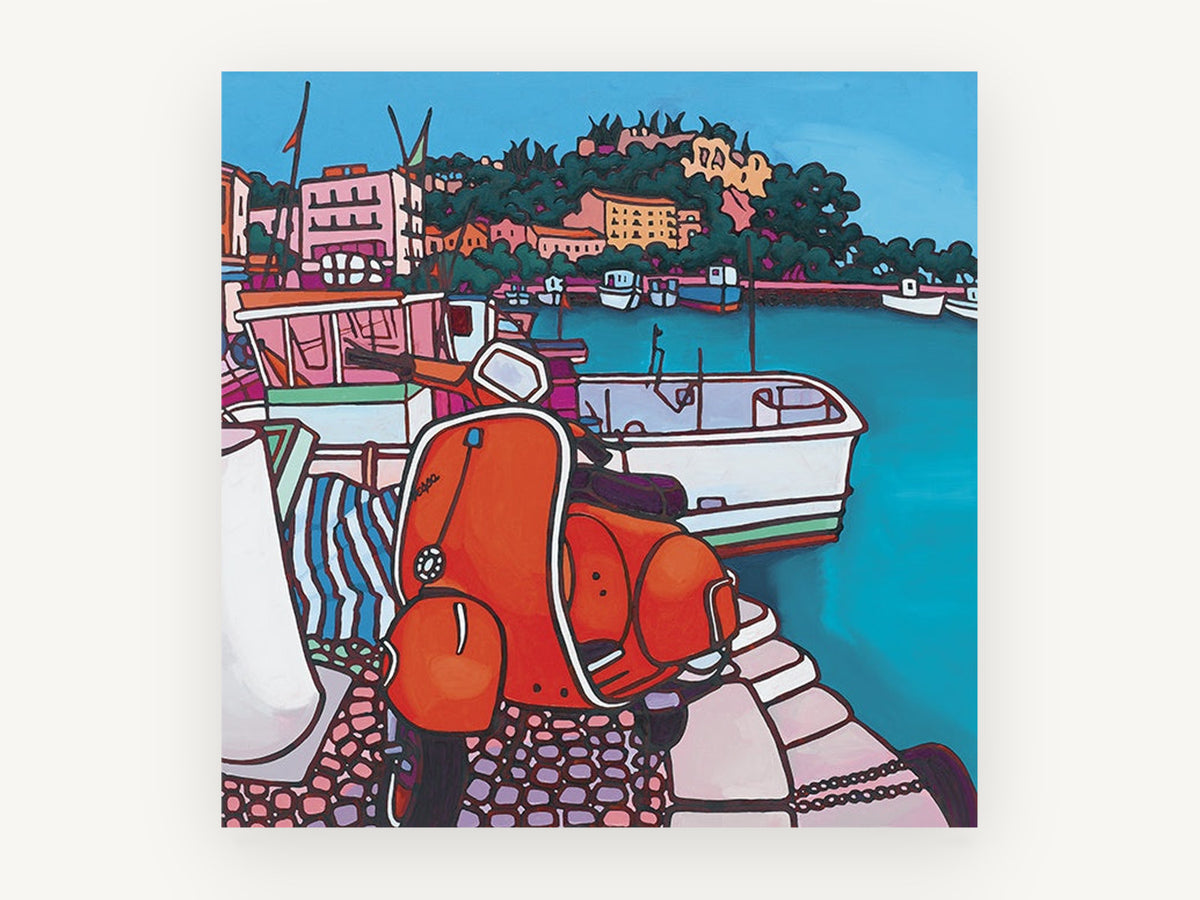 Red Vespa Harbour, coastal canvas wall art print, front view