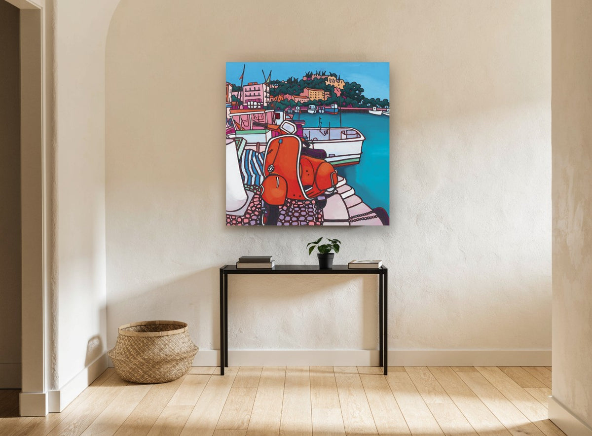 Red Vespa Harbour coastal canvas print on the wall of a hallway