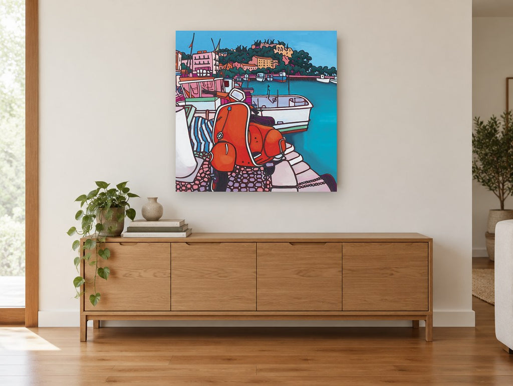 Red Vespa Harbour coastal canvas print on the wall of a living room above a sideboard