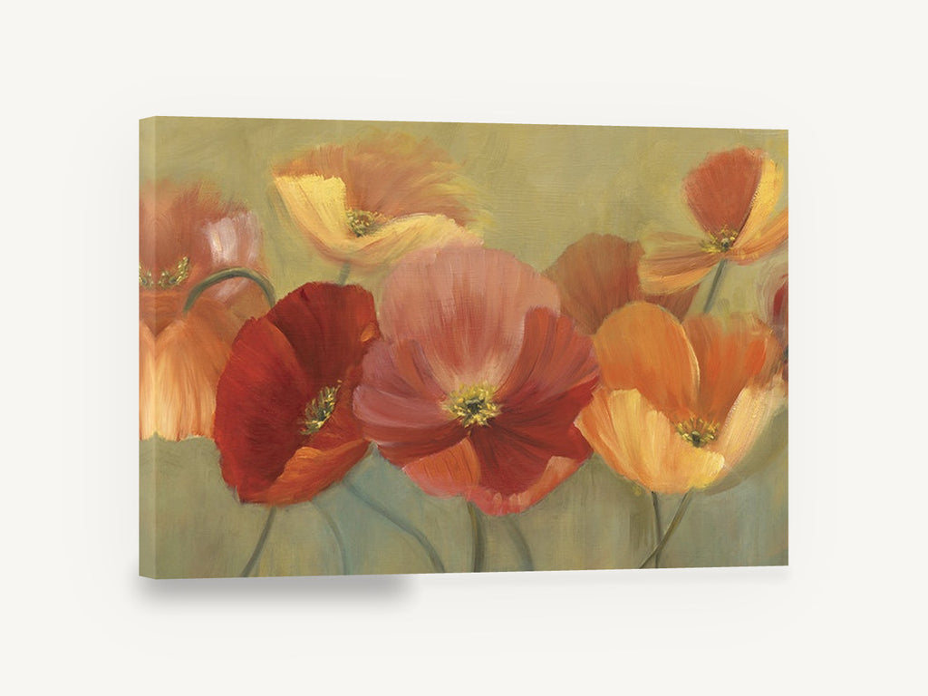 Poppy Row Glow, red orange poppies floral painting, floral canvas wall art print ready to hang