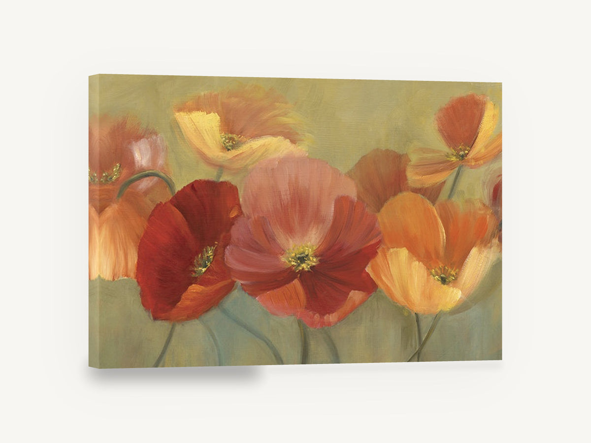 Poppy Row Glow, red orange poppies floral painting, floral canvas wall art print ready to hang