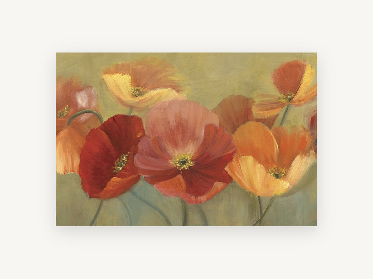 Poppy Row Glow, floral canvas wall art print, front view