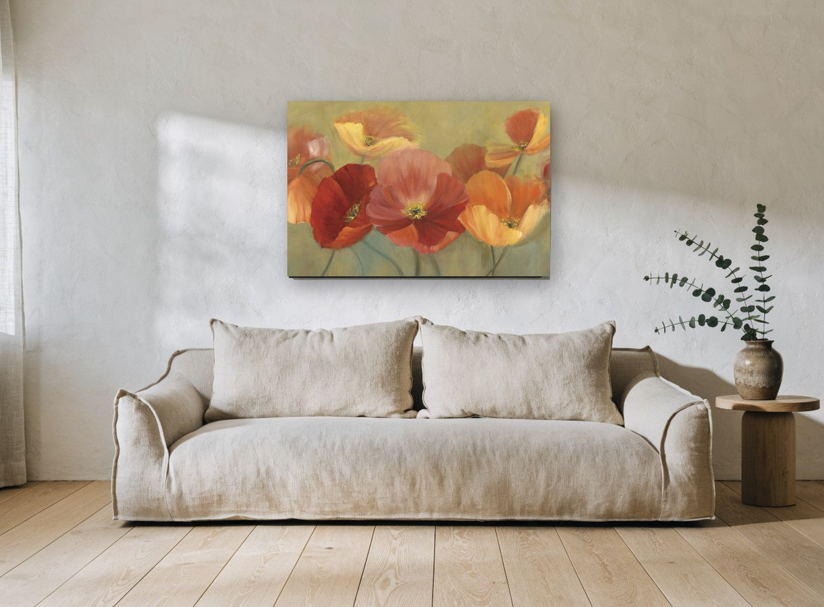 Poppy Row Glow floral canvas print on the wall of a living room