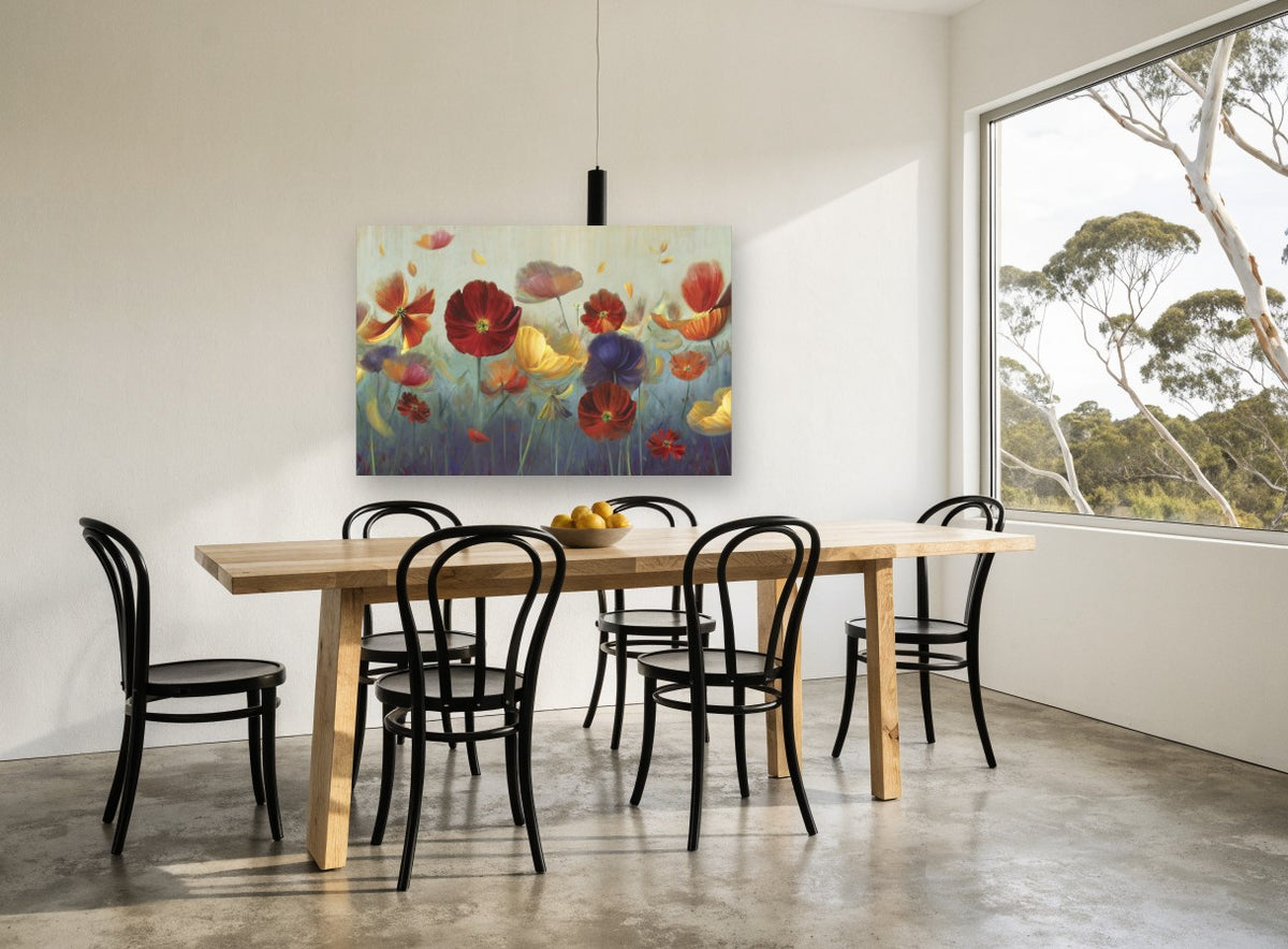 Poppies Adrift floral canvas print on the wall of a dining room