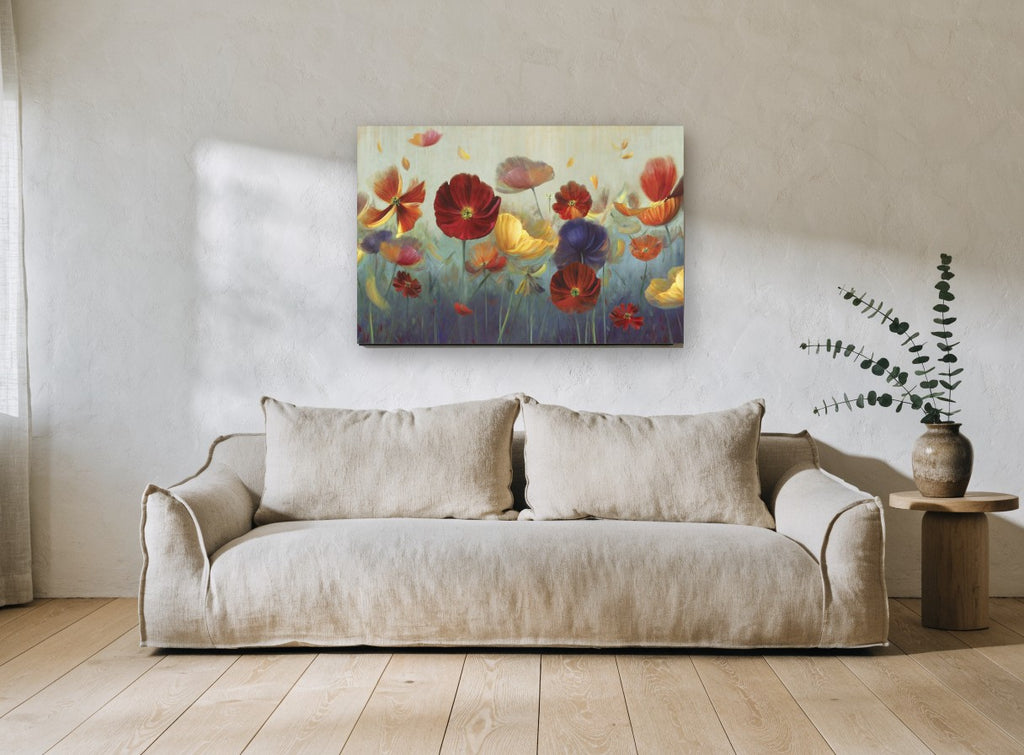 Poppies Adrift floral canvas print on the wall of a living room