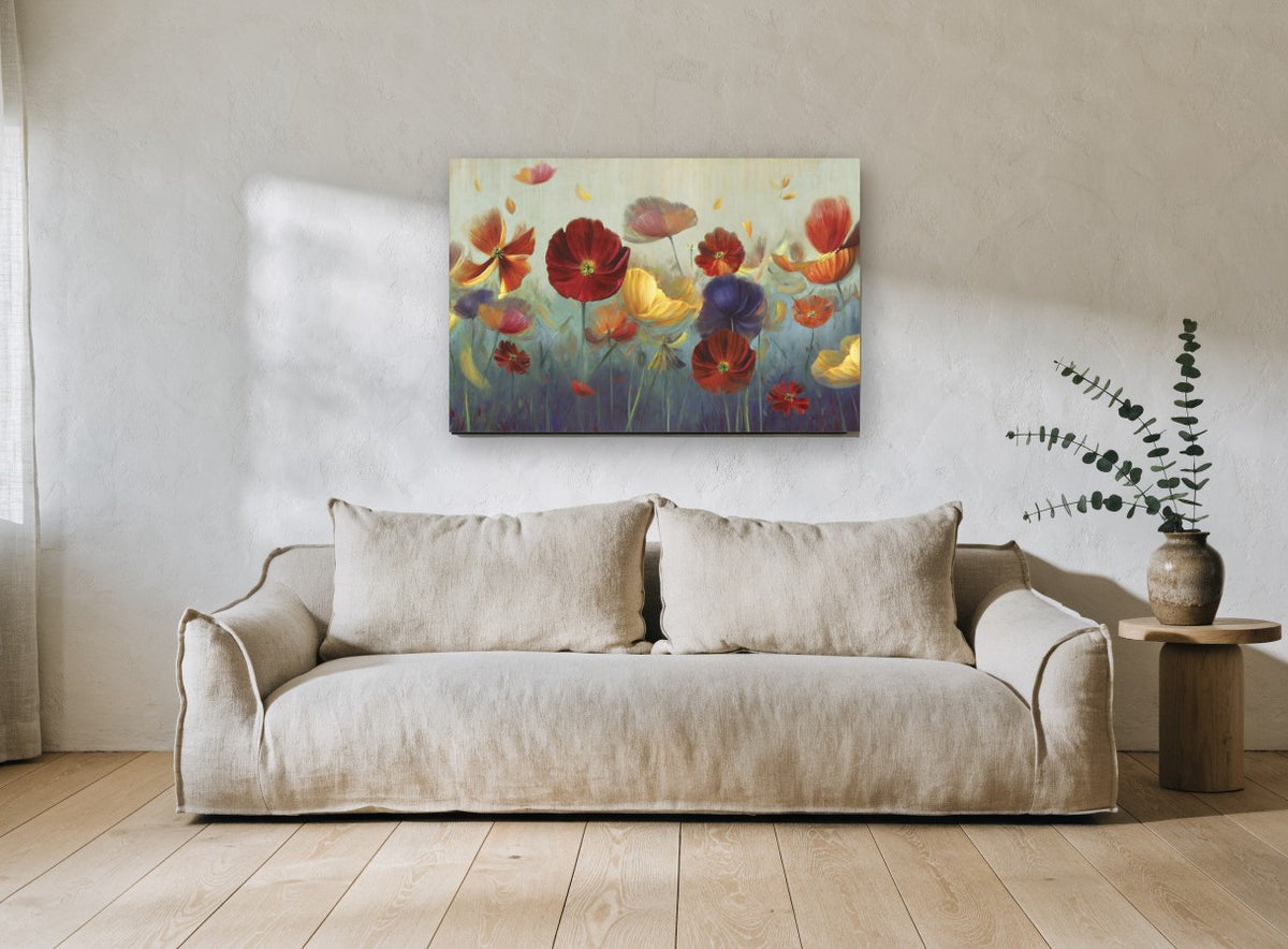 Poppies Adrift floral canvas print on the wall of a living room