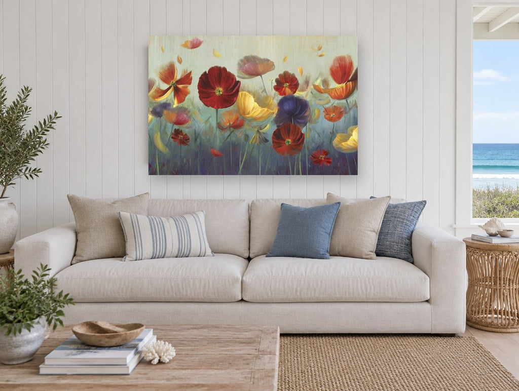 Poppies Adrift floral canvas print on the wall of a beach house living room