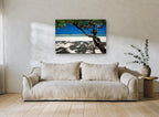 Shade Tree Shoreline coastal canvas print on the wall of a living room