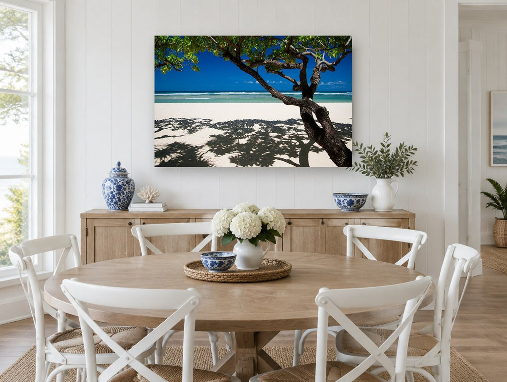 Shade Tree Shoreline coastal canvas print on the wall of a Hamptons dining room