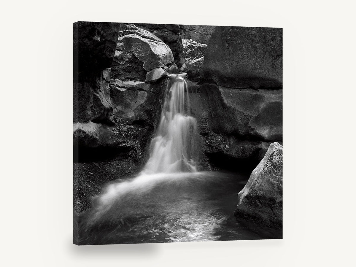 Hushed Rock Cascade, black and white waterfall photograph, landscape canvas wall art print ready to hang