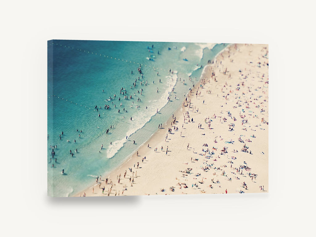 Crowded Summer Shore, aerial beach crowd tilt-shift photograph, coastal canvas wall art print ready to hang