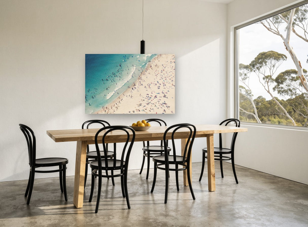 Crowded Summer Shore coastal canvas print on the wall of a dining room