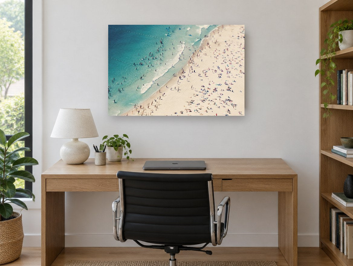 Crowded Summer Shore coastal canvas print on the wall of a study