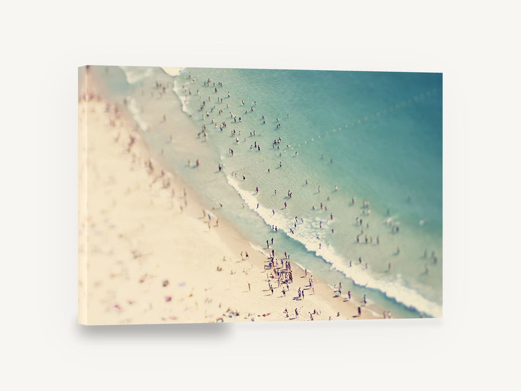 Summer Shore Crowd, aerial beach crowd tilt-shift photograph, coastal canvas wall art print ready to hang