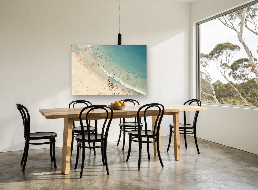 Summer Shore Crowd coastal canvas print on the wall of a dining room