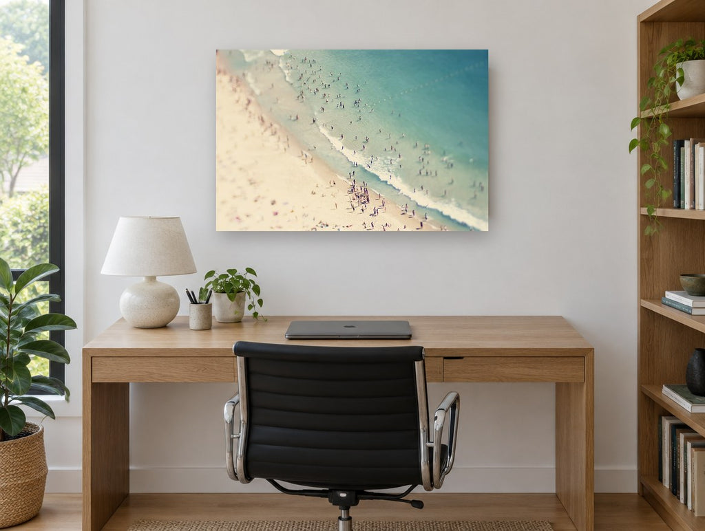 Summer Shore Crowd coastal canvas print on the wall of a study