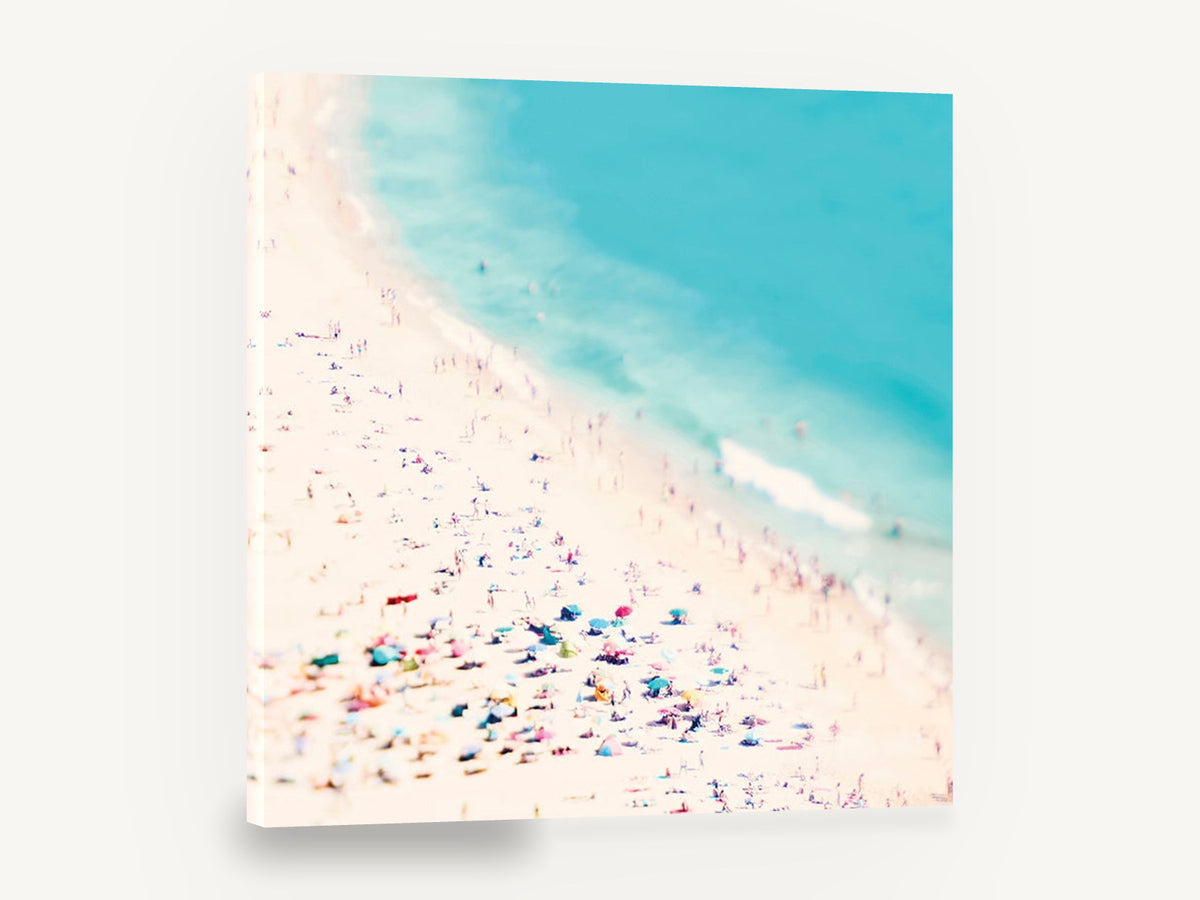 Crowded Shore Day, aerial beach crowd umbrellas photograph, coastal canvas wall art print ready to hang