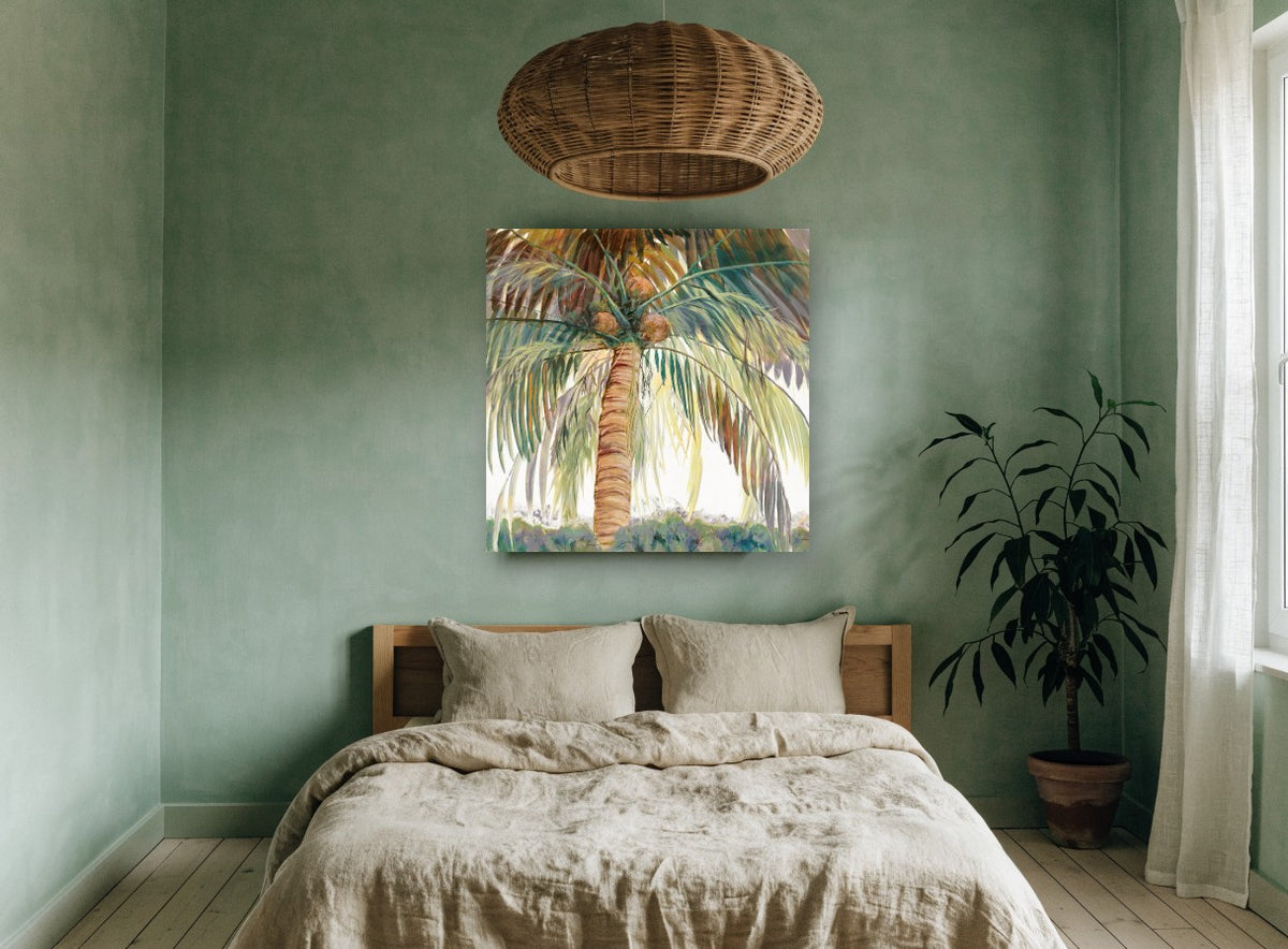 Coconut Palm Canopy landscape canvas print on the wall of a bedroom