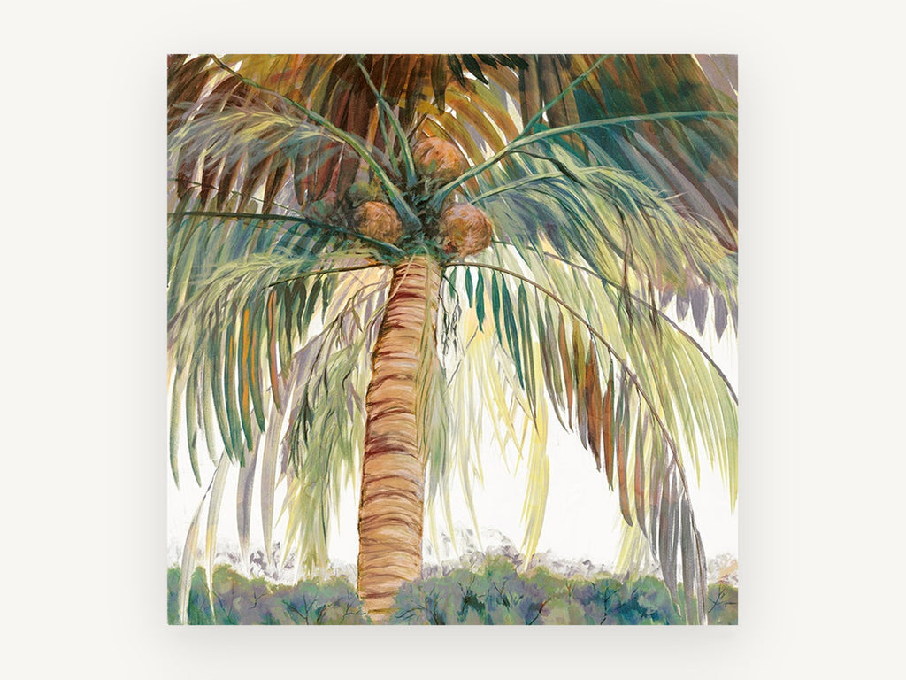 Coconut Palm Canopy, tropical coconut palm tree painting, landscape canvas wall art print, front view