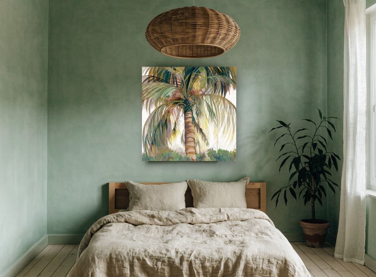Coconut Palm Canopy landscape canvas print on the wall of a bedroom
