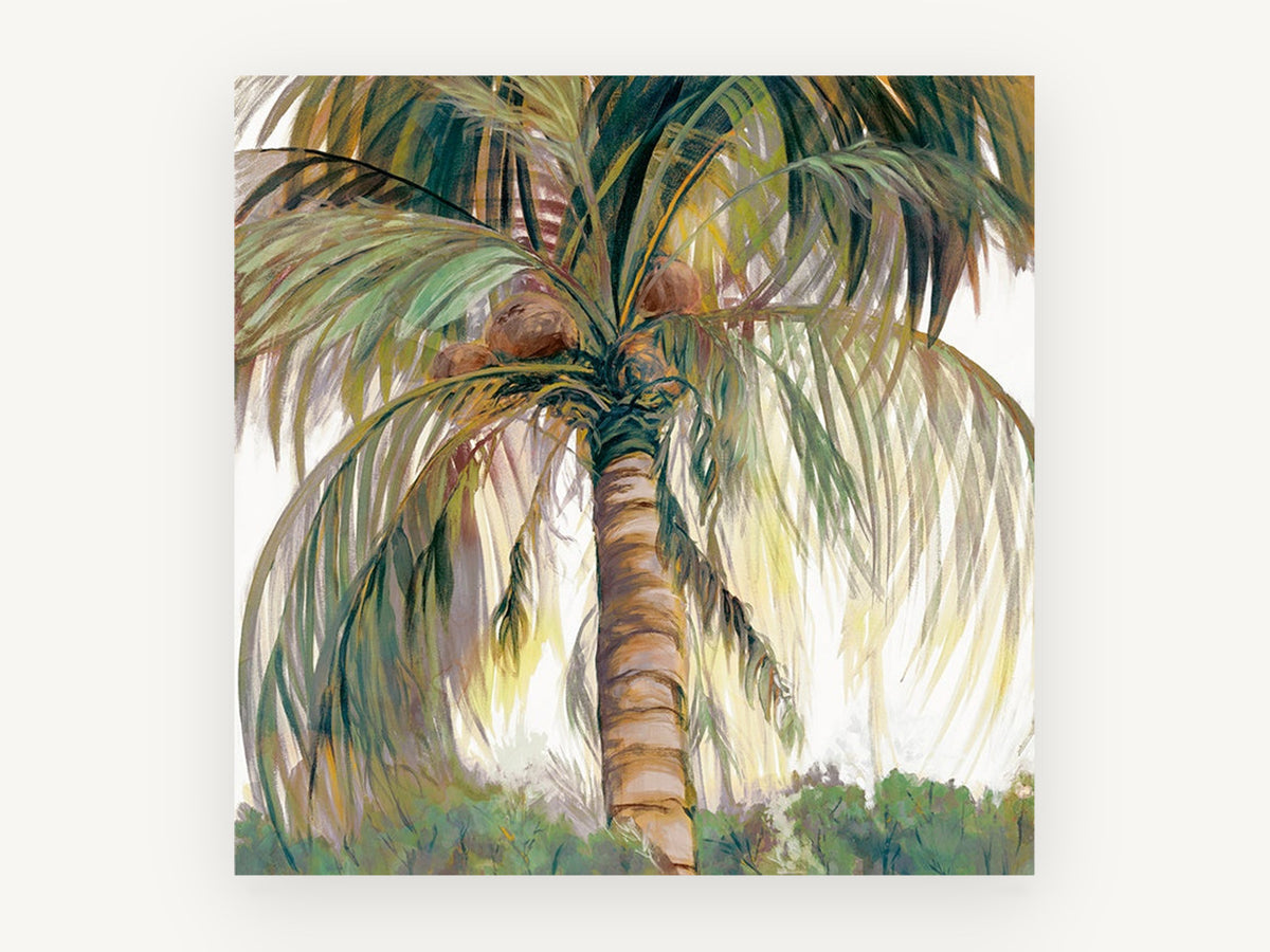 Coconut Palm Canopy, tropical coconut palm tree painting, landscape canvas wall art print, front view