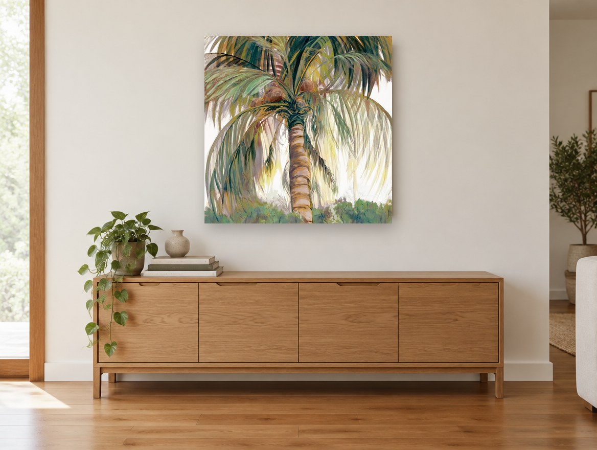 Coconut Palm Canopy landscape canvas print on the wall of a living room above a sideboard