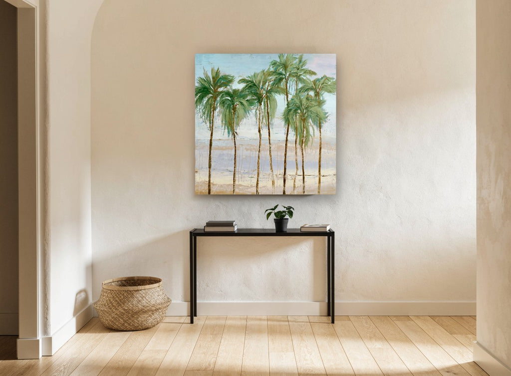 Palms Along the Shoreline coastal canvas print on the wall of a hallway