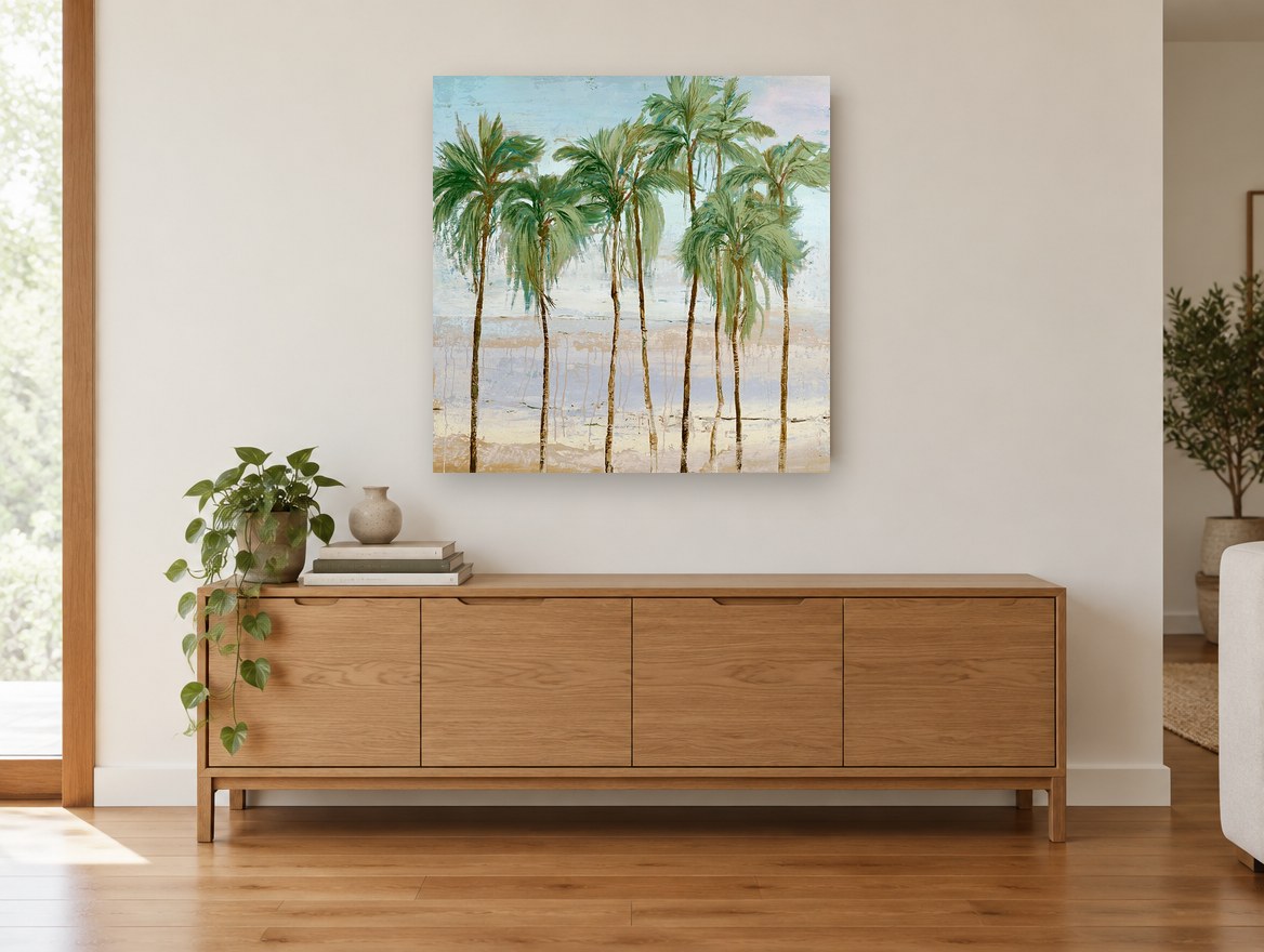 Palms on Pale Shore landscape canvas print on the wall of a living room above a sideboard
