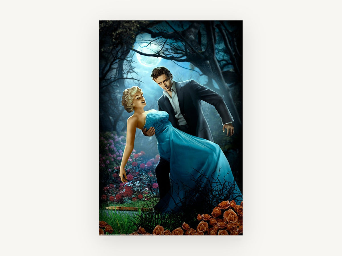 Moonlit Rose Garden Dance, floral canvas wall art print, front view