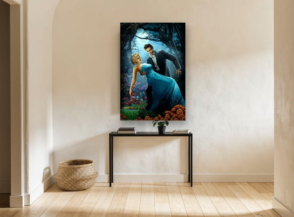 Moonlit Rose Garden Dance floral canvas print on the wall of a hallway