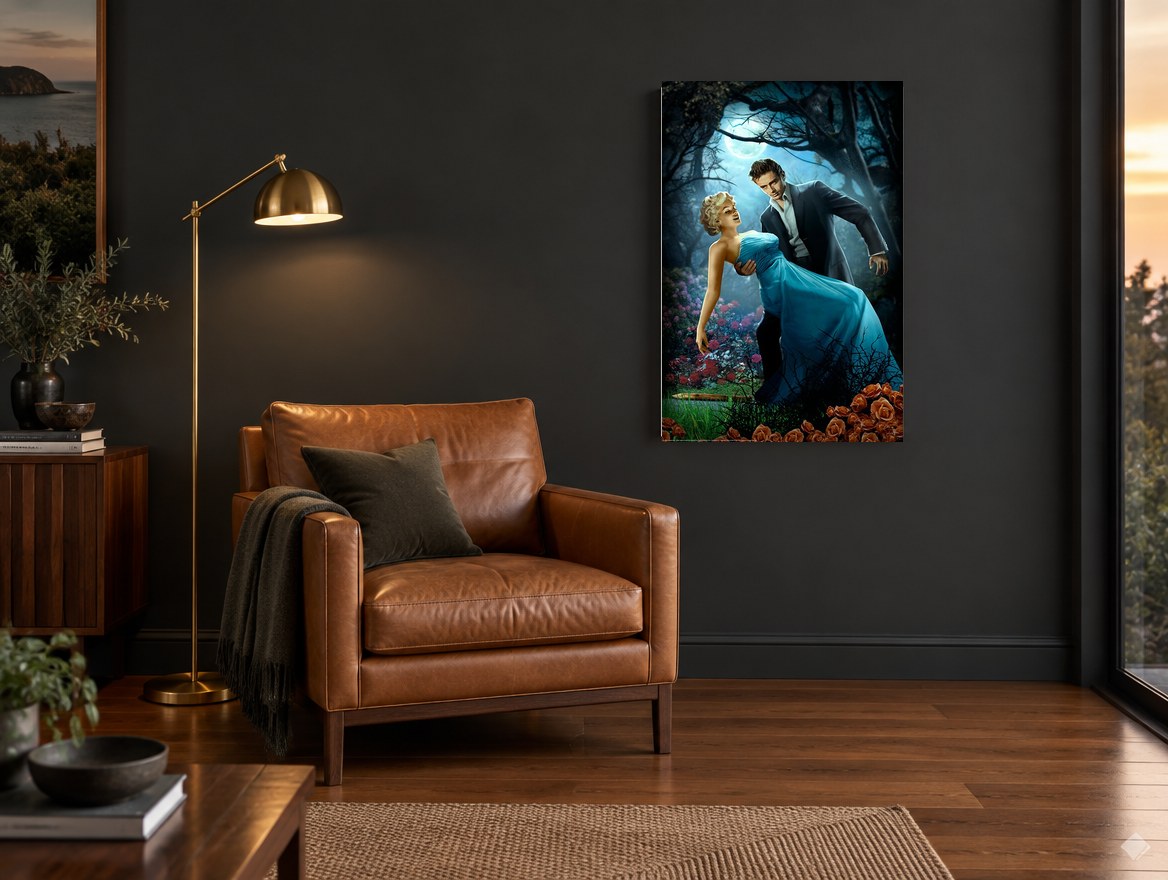 Moonlit Rose Garden Dance floral canvas print on the wall of a charcoal living room
